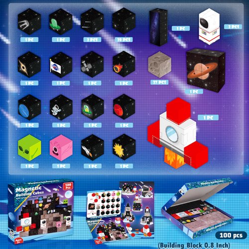 Goody King 100PCS Space Rocket Magnetic Building Blocks |Space Adventure Magnetic Tile Set, STEM Montessori Stacking Toy, Building Playsets for Boys and Girls Ages 3-10,Sensory Tile Building Christmas