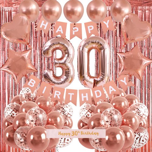 RUBFAC 30th Birthday Decorations for Her, Rose Gold Birthday Decorations for Women, Rose Gold Bal...