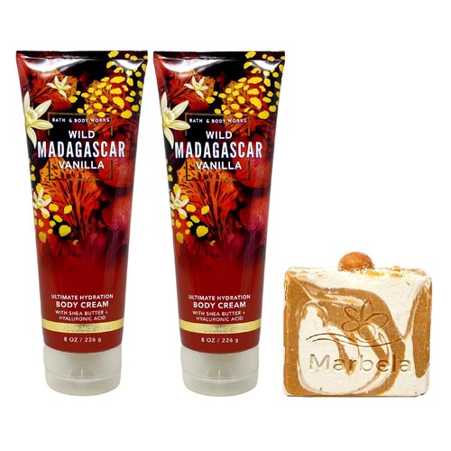 Bath & Body Works Wild Madagascar Vanilla 2 Pack Body Cream Bundle with a Peach Gardenia Bar Soap