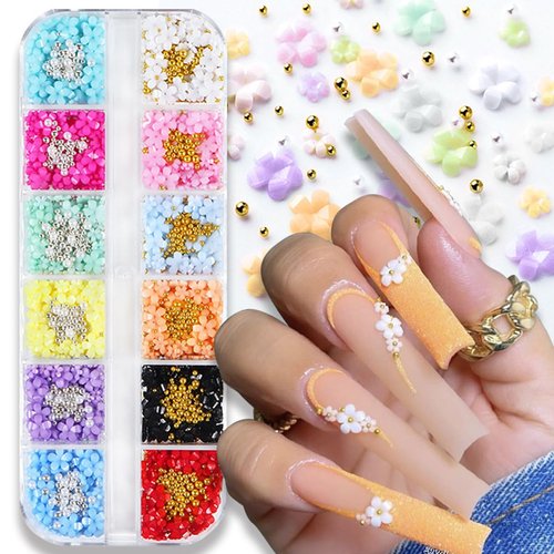 12Color 3D Flower Nail Charms Acrylic Colorful Flowers Nail Art Charms Kit Rhinestones with Metal...