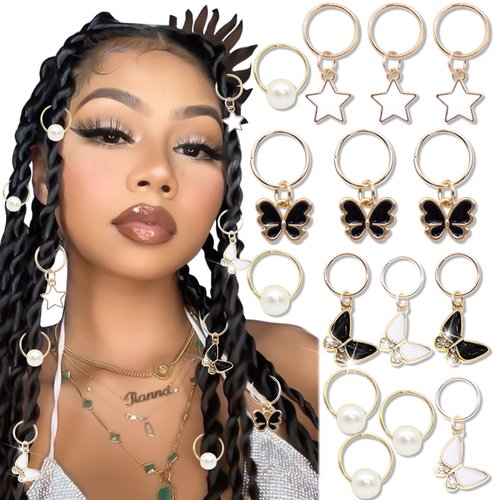 SAWINDA 15 Pieces Gold Star Locs Hair Jewelry Braids Butterfly Pendant Hair Clips Adjustable Hair Cuffs Rings Hair Charms Butterfly Hair Accessories for Women
