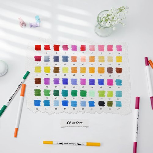 Ohuhu Markers for Adult Coloring Books No bleeding 60 Colors Coloring Markers Water-based Dual Tips Fineliner & Brush Drawing Pens Art Markers for Kids Adults Sketch Journal - Maui - White