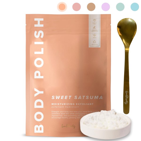 Bonblissity Body Scrub, Body Polish [SWEET SATSUMA] - Moisturizing & Exfoliating Body Scrub - Handmade, Eco-Friendly, Mess-Free with Gold Spoon, Gentle & Fluffy Texture, Made in USA