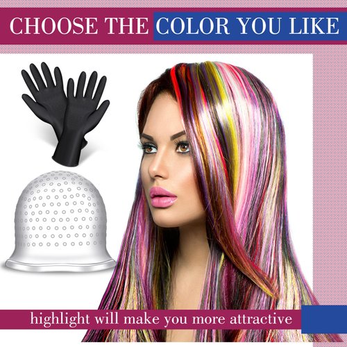 Hair Highlighting Kit Hair Coloring Highlighting Cap with Hook Hair Dye Cap with Gloves Reusable Highlight Cap Silicone Hair Coloring Frosting Pull Through Caps Accessories for Salon Home Hairdressing