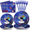 SCIONE 96 Pcs Space Theme Birthday Party Decorations Supplies Galaxy Party Tableware Set Solar System Party Plates Napkins Forks Paper Plate for 24 Guests Kids Party Favors