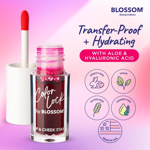 Blossom Color Lock Hydrating Longlasting Lip Stain and Tint for Lips & Cheek, Buildable, Non Drying, Smudgeproof + Transfer Proof, Made in USA with Doe Foot Applicator, 0.14 fl oz/4ml, Blooming Rose