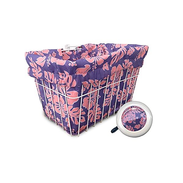 Cruiser Candy Bicycle Basket Liner & Tote in One, Stylish Bike Basket Liner, Yoga Bag,Gym Bag,Beach Bag. Matching Bicycle Bell Included, Bike Bell (Pink Purple Hibiscus)