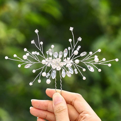 Barode Rhinestones Bridal Wedding Hair Pins Silver Flower Hairpin Pearl Bride Hair Accessories for Women and Girlss (Silver)