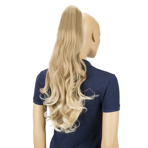 CAISHA 24" Long Hair Clip On Ponytail Extension Heat-Resistant Synthetic Hairpiece Slightly Wavy Dark Blonde Mix H32b