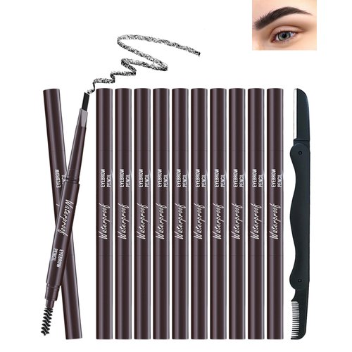 12Pcs Waterproof Eyebrow Pencil Black, Brow Shape and Fill Eye Brow Pencil Kit, Eye Brow Pencils for Women Makeup, Long Lasting Smudge-Proof Easy to Color, Retractable Eyebrow Pen with Brow Razor-01