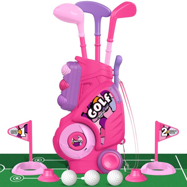 Liberry Toddler Golf Set with Putting Mat for 2 3 4 5 Years Old Boys Girls, Upgraded Kids Golf Cart with Unique Shoulder Strap Design, Indoor and Outdoor Golf Toys Gifts (Pink)