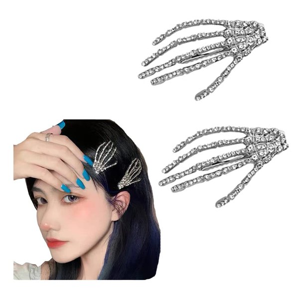 ZAHSY Hair Clip Rhinestone Skeleton Hand, 2 Count Halloween Hair Accessories for Women Girls, Silver, Skull Hand Hair Clips Barrettes Cosplay Party Favor