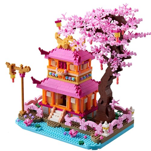 LUKHANG Cherry Blossom Tree House Micro Building Blocks Set Enjoy Flower Pavilion 1810pcs Exquisite Architecture Model Kit for Girls and Women (Adults or Kids Age of 14+)