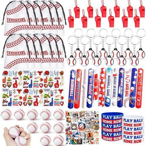 134 PCS Baseball Party Favors, 12 Set Baseball Goodie Bag, Mini Stress Balls, Baseball Stickers, Rubber Bracelets, Keychain, Tattoo Stickers, Slap Bracelets, Whistle for Baseball Themed Party Supplies
