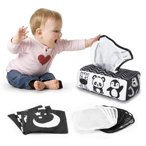 Yeeeasy Baby Tissue Box Toy High Contrast Baby Toys for Newborn Black and White Montessori Toy for Babies 3 Months Sensory Tissue Box Baby Toy