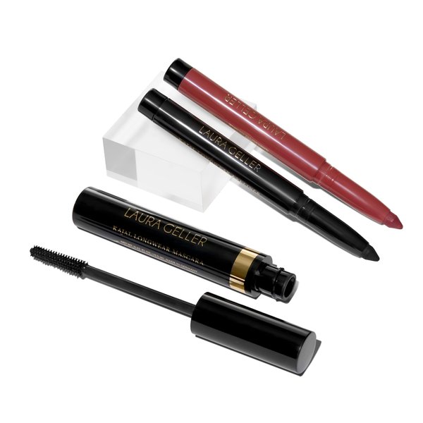 LAURA GELLER NEW YORK The Kajal Collection 3pc Makeup Set - Deep Black Kohl Eyeliner + Dahlia Lip Color, Black Kajal Mascara