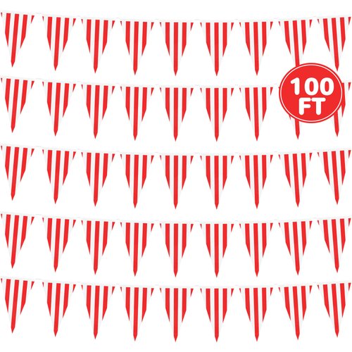 100 FT Circus Theme Party Decorations, 60 PCS Plastic Pennant Banner Flags, Pre-assemble Red and White Striped Triangle Flags, Carnival Decor Indoor Outdoor Hanging Banner String Party Supplies