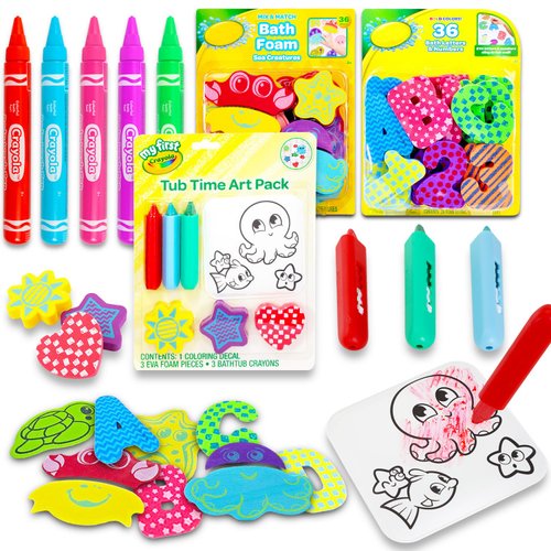 Crayola Bath and Shower Art Set - Bundle of Crayola Bath Foam Letters and Animals, 5 Crayola Body Wash Bath Tubes, and 7 Pc Crayola Tub Time Art Pack