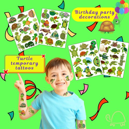 Turtle Temporary Tattoos - Turtle Birthday Decorations Party Supplies Cute Animal Lovely Festival Holiday Favors Kids Boy Girl Teen Gift Idea Décor