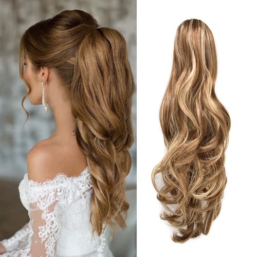 22" Ponytail Extension Long Curly Ponytail Clip in Claw Hair Extension Natural Looking Synthetic Hair Claw Ponytails (#R12 Brown Auburn)
