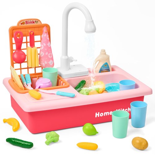 Play Kitchen Sink Toys, Children Dishwasher Playing Toy with Running Water, Kitchen Sink Toys Fit for Kids and Toddlers (24 Pcs)