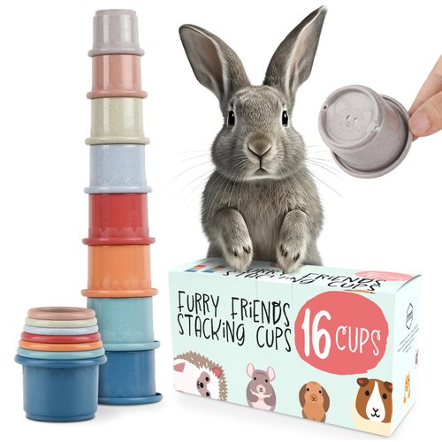 Evergreen Pet Supplies [16 Cups Small Pets & Bunny Stacking Cups – for Rabbits & Chinchillas - Guinea Pig - Colorful Wheat Straw Rabbit Toys - Graduated Sized Stackable Toys for Rabbits