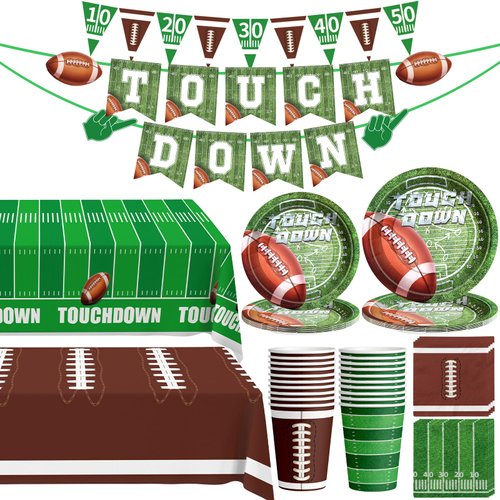 Football Party Decorations, 100 Pcs Football Party Supplies Serve 24, Touch Down Banner, Plates, Tablecloth, Cup and Napkins for Football Birthday Party Football Game Day Tailgate Party Decorations