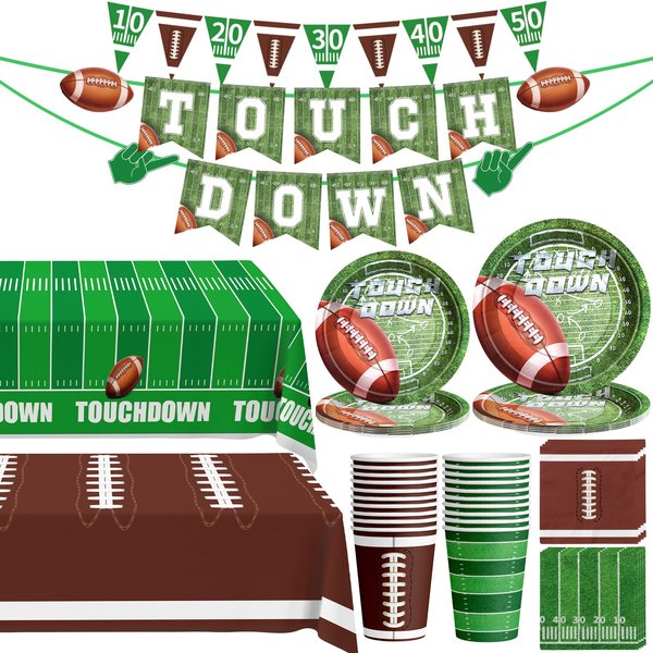Football Party Decorations, 100 Pcs Football Party Supplies Serve 24, Touch Down Banner, Plates, Tablecloth, Cup and Napkins for Football Birthday Party Football Game Day Tailgate Party Decorations