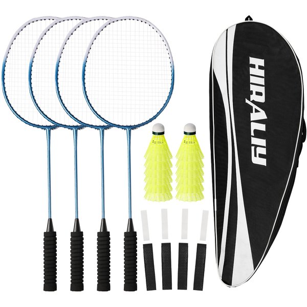 HIRALIY Badminton Rackets Set of 4 for Outdoor Backyards Games, Including 4 Rackets, 12 Nylon Shuttlecocks, 4 Replacement Grip Tapes (Blue)