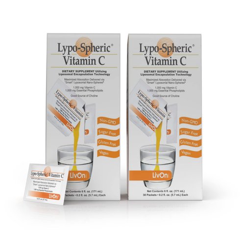 LivOn Laboratories Lypo–Spheric Vitamin C – 2 Cartons (60 Packets) – 1,000 mg Vitamin C & 1,000 mg Essential Phospholipids Per Packet – Liposome Encapsulated for Improved Absorption – 100% Non–GMO