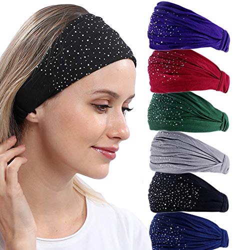 DINPREY Rhinestone Bandeau Headbands (6 Count) - Stretchy Cotton Spandex Fabric, Floral Design, Hairwraps for Women's Yoga, Bridal, Festivals, Workout, Makeup, Everyday Wear