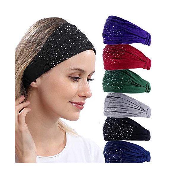 DINPREY Rhinestone Bandeau Headbands (6 Count) - Stretchy Cotton Spandex Fabric, Floral Design, Hairwraps for Women's Yoga, Bridal, Festivals, Workout, Makeup, Everyday Wear