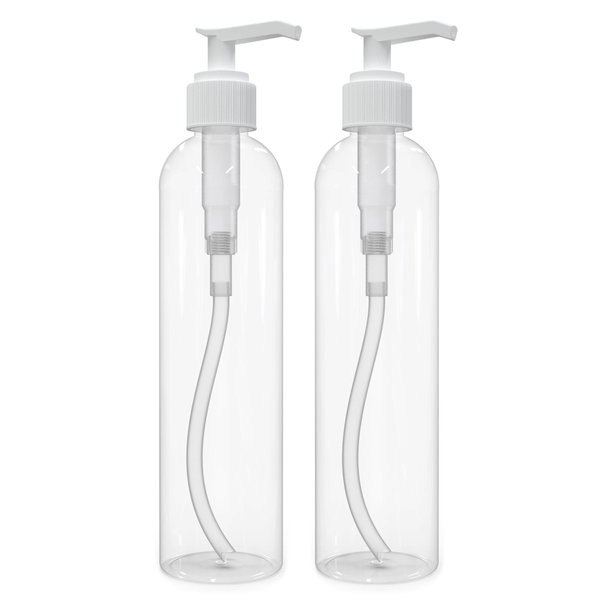 BRIGHTFROM Lotion Pump Bottles, Empty 8 OZ, BPA-Free, PET Refillable Plastic Containers, Clear with White Dispenser for - Soap, Shampoo, Lotions, Liquid Body Soap, Creams and Massage Oil (2 Pack)
