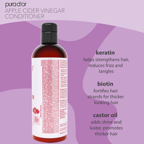 PURA D'OR 16 Oz Apple Cider Vinegar Thin2Thick Conditioner - Biotin, Keratin, Caffeine, Castor Oil & Key Active Ingredients for All Hair Types, Men & Women