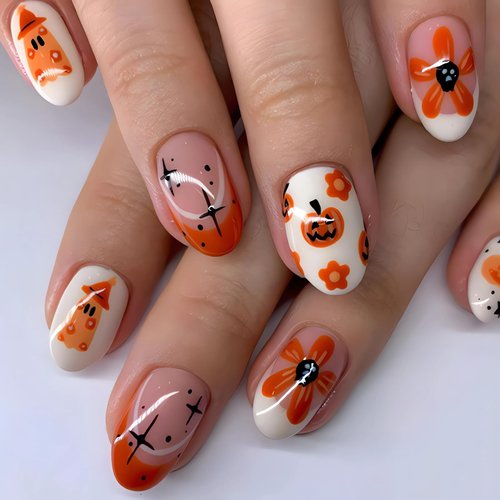 Cute Halloween Press on Nails Medium Almond Shape Fake Nails Orange Pumpkin Glue on Nails Halloween False Nail Tips with Stars and Flowers Almond Halloween Stick on Nails for Women, 24Pcs