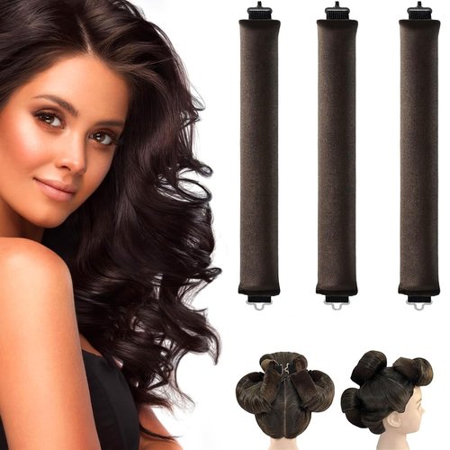 Rukebu 3PCS Heatless Hair Curler, Flexi Rod, For All Hair Types, Includes Brown, Black, Pink, Easy to Use, No Heat Curls, Overnight Curls, For Long Medium Hair