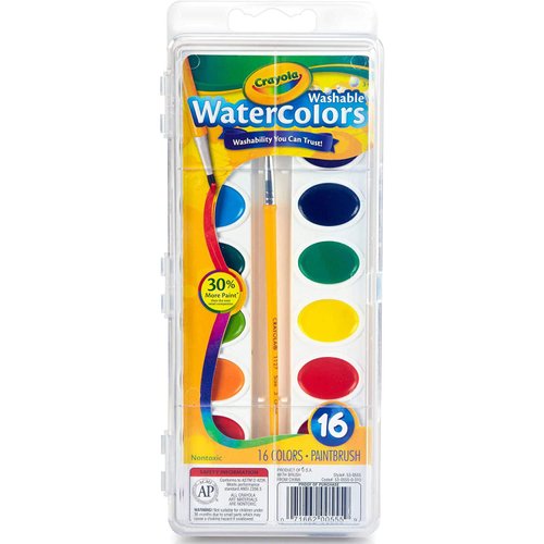 Crayola Washable Children's Art Supplies Assorted Watercolor Paint Color Set with Convenient Kid's Paintbrush Included, 16 Count