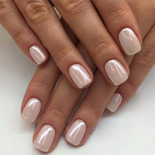 GLAMERMAID Press on Nails Extra Short Squoval, Christmas Handmade White Pearl Mermaid Chrome Gel Glue on Nail, 24Pcs Glossy Round Reusable UV Finish Fake Nail Acrylic False Nail Manicure Kit for Women