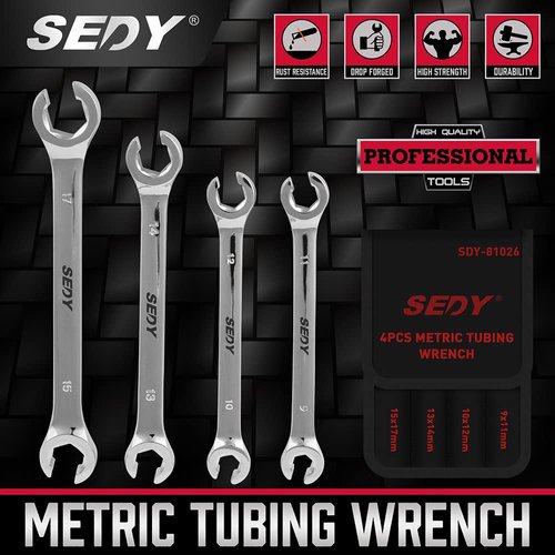 SEDY 4-Piece Flare Nut Wrench Set, Offset End Spanner Metric 9 10 11 12 13 14 15 17mm, CR-V Steel Storage Pouch Repair and Remove Nuts on Fuel Tube Hose Transmission Line