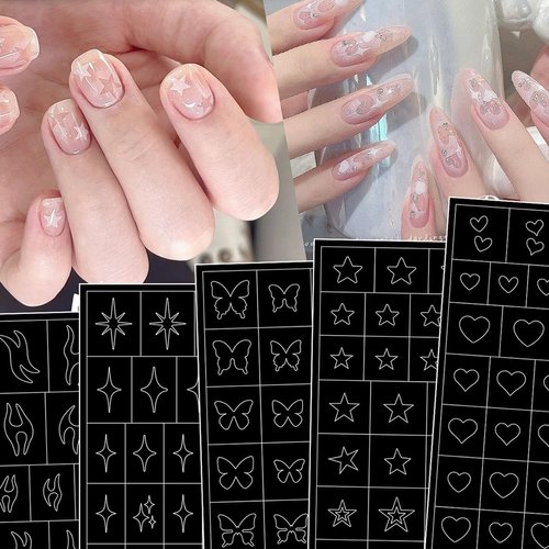 6 Sheets Airbrush Stencils Nail Stickers for Nail Art Heart Butterfly Flowers Flame Star Nail Art Stickers Hollow Nail Design Decals French Nail Guides for Women Manicure DIY French Tip Tools Supplies