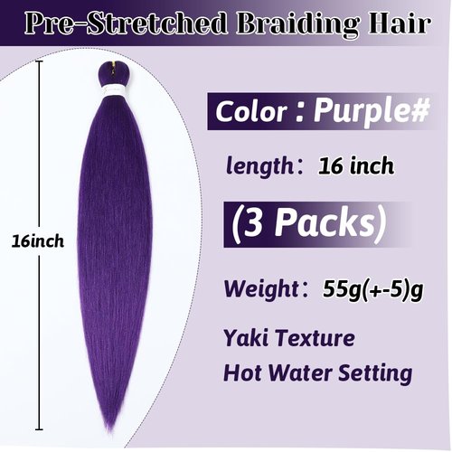 Purple Braiding Hair Extensions 16 Inch Pre stretched Braiding Hair Hot Water Setting Synthetic Hair Pre Stretched Crochet Braids Hair(16 Inch,3 Packs,Purple#）