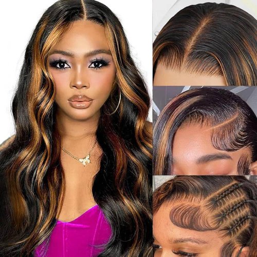 HANGFIRST 1B/30 Highlight Ombre Lace Front Wigs Human Hair 13x6 HD Glueless Body wave Lace Frontal Wigs 180% Density Brazilian Virgin Human Hair Wigs for Women Pre Plucked with Baby Hair(20 Inch)