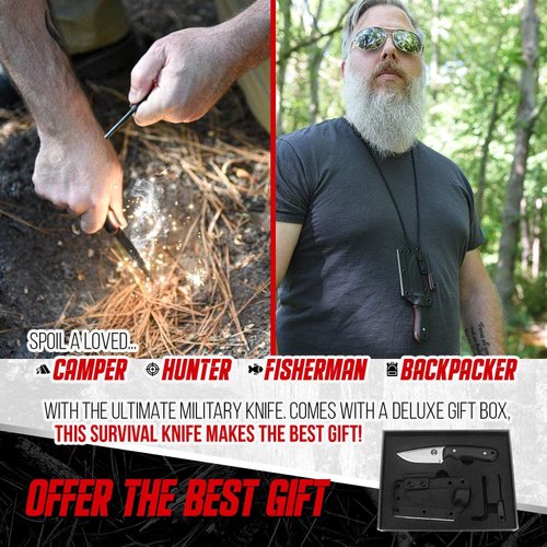 Survival Knife | Bushcraft Neck Knife Men's Gift Set Fixed Blade Kydex Sheath & Ferro Rod - Full Tang EDC D2 Blade - Nonslip Handle - Great For Camping Trekking