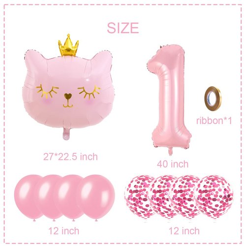 Cat Birthday Decorations, Cat Balloons, Pink 1 Balloon Number 40 inch, Cat Themed Birthday Party Decorations, One Balloons for 1st Birthday Decorations Girl