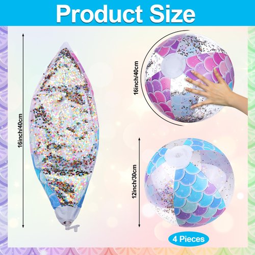 4Pcs Mermaid Beach Ball 16" Glitter Beach Balls Inflatable Confetti Sports Beach Balls Floatable Sequin Beachballs Giant Clear Beach Ball Jumbo Mermaid Pool Toys Summer Water Fun Swimming Party