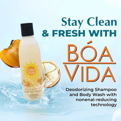 Deodorizing Citrus Plus Elder Shampoo and Body Wash by BoaVida with new leak-proof caps, Soap Made with Persimmon to Treat the Presence of Nonenal and Remove Old Person Smell, 8 oz