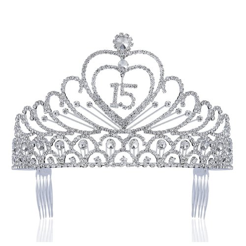 Janefashions Quinceanera Sweet 15 Fifteen 15th Birthday Party coronas de quinceañeras Clear White Austrian Rhinestone Tiara Crown with Hair Combs Princess Gold Silver T1756 (Silver With Combs)