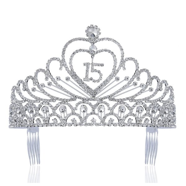 Janefashions Quinceanera Sweet 15 Fifteen 15th Birthday Party coronas de quinceañeras Clear White Austrian Rhinestone Tiara Crown with Hair Combs Princess Gold Silver T1756 (Silver With Combs)