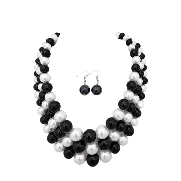 Women's Simulated Faux Three Multi-Strand Pearl Statement Necklace and Earrings Set (Black + White)