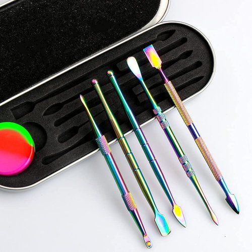 6 Pieces Wax Carving Tool Set, Double-Ended Carving Tool Stainless Steel Wax Sculpting Tools with 5ml Silicone Container Jar and Portable Metal Case for Wax Oil Clay Pottery, Rainbow Color